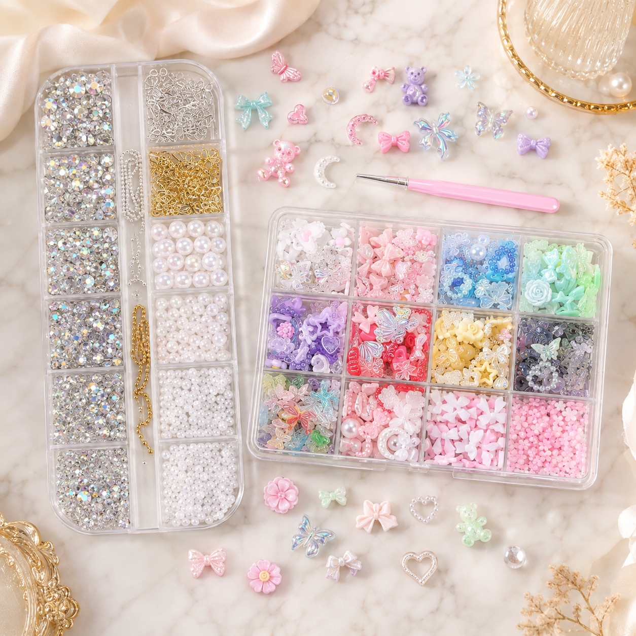 3D Nail Art Charms Set, Resin Nail Decorations with Rhinestones Pearls Bows Flowers, DIY Manicure Accessories Kit
