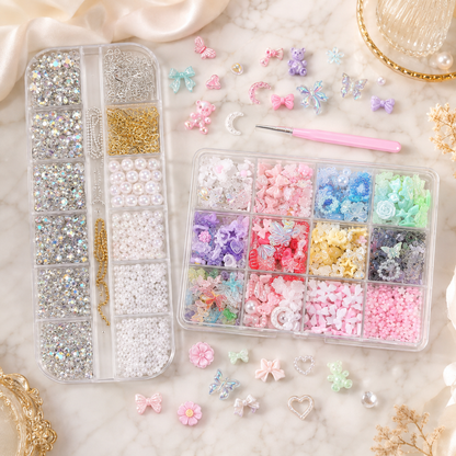 3D Nail Art Charms Set, Resin Nail Decorations with Rhinestones Pearls Bows Flowers, DIY Manicure Accessories Kit