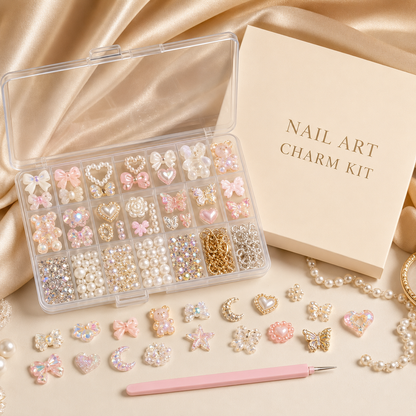3D Nail Art Charms Set, Resin Nail Decorations with Rhinestones Pearls Bows Flowers, DIY Manicure Accessories Kit