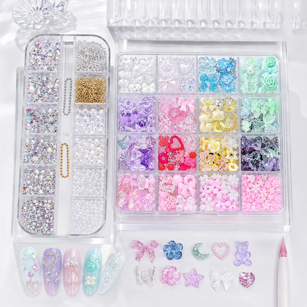 3D Nail Art Charms Set, Resin Nail Decorations with Rhinestones Pearls Bows Flowers, DIY Manicure Accessories Kit