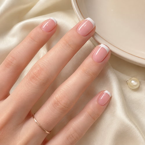 French Tip Press on Nails, Short Square Nude Pink Fake Nails