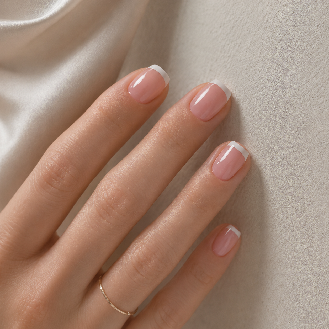 French Tip Press on Nails, Short Square Nude Pink Fake Nails