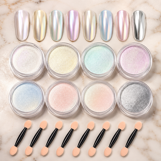 Pearl Chrome Nail Powder Set, Aurora Mirror Effect Nail Art Pigment